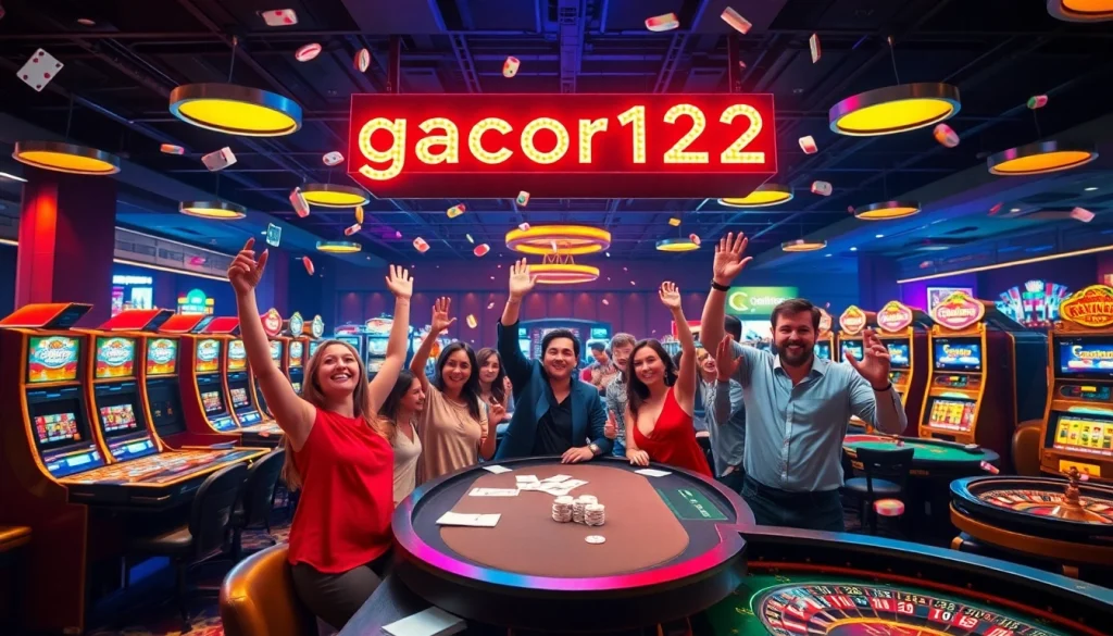 Players enjoy the thrill of gacor123 at bustling casino tables with exciting games and energy.